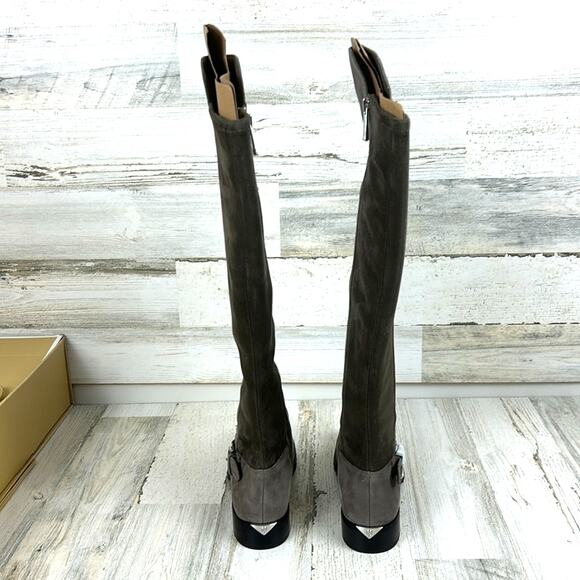 Michael Kors Women’s 5.5 Gray Suede Fabric Logo Heel Zip Calf Riding Boots NWB - Picture 5 of 11